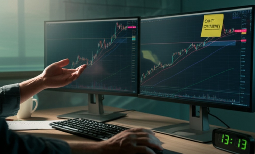 Image Prompt: Create a realistic, well-lit, eye-level medium shot photo showing a trader at their desk during market hours, focused intently on a dual-monitor setup displaying a live trading chart with a clear "Exit Strategy" annotation or sticky note on the screen. The trader's hand hovers over the mouse or keyboard, signaling hesitation or decision-making. The background should include subtle elements like a notepad with scribbled trade plans, a coffee cup, and a digital clock showing market time. One monitor shows a candlestick chart approaching a resistance level, suggesting a potential exit point. Include soft, natural lighting from a nearby window to enhance the realism. The mood should feel analytical and slightly tense—visually capturing the critical importance of timely exits in trading success. Image Prompt: Create a realistic, well-lit, eye-level medium shot photo showing a trader at their desk during market hours, focused intently on a dual-monitor setup displaying a live trading chart with a clear "Exit Strategy" annotation or sticky note on the screen. The trader's hand hovers over the mouse or keyboard, signaling hesitation or decision-making. The background should include subtle elements like a notepad with scribbled trade plans, a coffee cup, and a digital clock showing market time. One monitor shows a candlestick chart approaching a resistance level, suggesting a potential exit point. Include soft, natural lighting from a nearby window to enhance the realism. The mood should feel analytical and slightly tense—visually capturing the critical importance of timely exits in trading success.