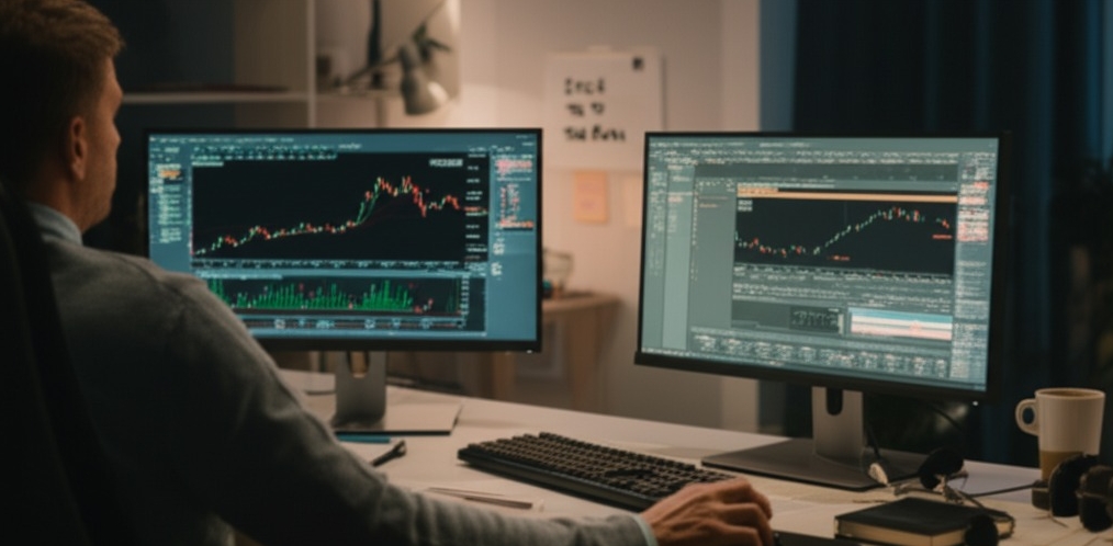 Image Prompt: Create a realistic, well-lit, eye-level medium shot photo of a focused solo day trader sitting at a dual-monitor desk setup in a clean, minimalist home office. The scene should highlight the trader’s disciplined approach: a printed or digital trading plan is visible on one screen or desk pad, while the other screen shows charts and market data. The trader's posture is calm and deliberate, hand poised over the mouse, not clicking yet—clearly waiting for a trade to meet plan criteria. A small whiteboard or sticky note beside the monitor displays a motivational quote like “Stick to the Plan” or “Discipline Over Impulse.” The lighting should suggest early morning or market open, with natural daylight filtering in. Nearby are subtle cues of routine: a journal, a cup of coffee, and maybe headphones resting on the desk. The mood is composed, patient, and professional—emphasizing emotional control and methodical execution over gut-reaction trading. Image Prompt: Create a realistic, well-lit, eye-level medium shot photo of a focused solo day trader sitting at a dual-monitor desk setup in a clean, minimalist home office. The scene should highlight the trader’s disciplined approach: a printed or digital trading plan is visible on one screen or desk pad, while the other screen shows charts and market data. The trader's posture is calm and deliberate, hand poised over the mouse, not clicking yet—clearly waiting for a trade to meet plan criteria. A small whiteboard or sticky note beside the monitor displays a motivational quote like “Stick to the Plan” or “Discipline Over Impulse.” The lighting should suggest early morning or market open, with natural daylight filtering in. Nearby are subtle cues of routine: a journal, a cup of coffee, and maybe headphones resting on the desk. The mood is composed, patient, and professional—emphasizing emotional control and methodical execution over gut-reaction trading.