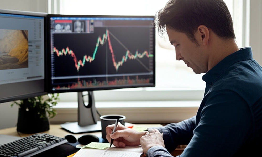 Image Prompt: A realistic, well-lit, eye-level medium shot photo of a focused trader sitting at a home trading desk. The trader (late 20s to 40s, gender-neutral, with a calm, concentrated expression) is reviewing a handwritten trading journal while a multi-monitor setup displays market charts in the background (blurred slightly to keep attention on the journal and expression). One monitor could show a paused visualization session with calm imagery or a motivational quote. On the desk, include items like a cup of coffee, sticky notes with mindset tips (e.g., "Process over outcome," "Small wins matter"), and a closed trading psychology book with a visible title. The lighting should be natural daylight, streaming from a nearby window, emphasizing a clean, focused workspace. The mood should feel disciplined, introspective, and optimistic—illustrating a trader actively building confidence, visualizing execution, and reviewing performance without self-blame. Image Prompt: A realistic, well-lit, eye-level medium shot photo of a focused trader sitting at a home trading desk. The trader (late 20s to 40s, gender-neutral, with a calm, concentrated expression) is reviewing a handwritten trading journal while a multi-monitor setup displays market charts in the background (blurred slightly to keep attention on the journal and expression). One monitor could show a paused visualization session with calm imagery or a motivational quote. On the desk, include items like a cup of coffee, sticky notes with mindset tips (e.g., "Process over outcome," "Small wins matter"), and a closed trading psychology book with a visible title. The lighting should be natural daylight, streaming from a nearby window, emphasizing a clean, focused workspace. The mood should feel disciplined, introspective, and optimistic—illustrating a trader actively building confidence, visualizing execution, and reviewing performance without self-blame.