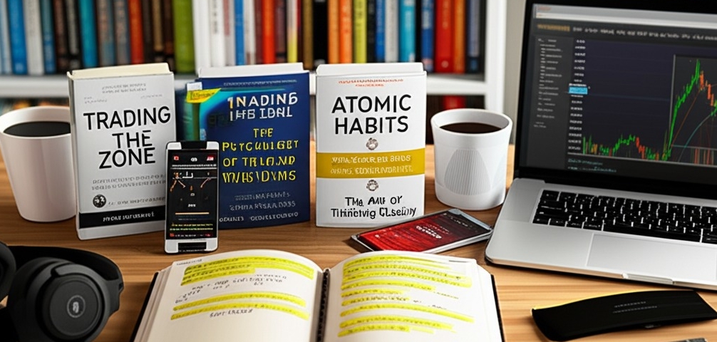 A neatly arranged, realistic photo of a clean, modern desk setup in natural daylight. In the center, several trading psychology books are laid out — visible titles include Trading in the Zone, The Psychology of Trading, Atomic Habits, and The Art of Thinking Clearly. An open book shows highlighted passages. Nearby, a notepad with handwritten mindset notes, a coffee mug, and a laptop displaying a trading chart add context. A pair of over-ear headphones rests beside a phone playing an audiobook (The Mental Game of Trading on the screen). The background shows a blurred bookshelf with more financial and psychology books. The overall composition is focused, calm, and designed to convey the disciplined, self-aware mindset of a serious trader in training. A neatly arranged, realistic photo of a clean, modern desk setup in natural daylight. In the center, several trading psychology books are laid out — visible titles include Trading in the Zone, The Psychology of Trading, Atomic Habits, and The Art of Thinking Clearly. An open book shows highlighted passages. Nearby, a notepad with handwritten mindset notes, a coffee mug, and a laptop displaying a trading chart add context. A pair of over-ear headphones rests beside a phone playing an audiobook (The Mental Game of Trading on the screen). The background shows a blurred bookshelf with more financial and psychology books. The overall composition is focused, calm, and designed to convey the disciplined, self-aware mindset of a serious trader in training.