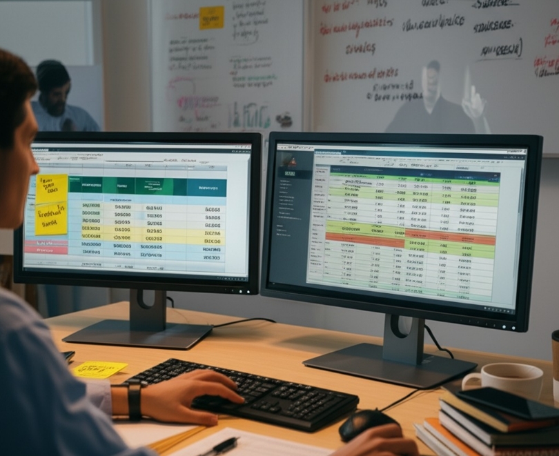 Image Prompt: Create a realistic, well-lit photo montage or composite showing the journey of a trader's growth—not from natural talent, but through learned discipline and data-driven strategy. At the center, show a person sitting at a desk with dual monitors, analyzing trade metrics like win rate, risk/reward, and drawdown, displayed clearly on a spreadsheet. Nearby, sticky notes read “Review Trades,” “Stay Disciplined,” and “Feedback = Growth.” Include trading journals, a trading psychology book, and a cup of coffee—all suggesting focused, consistent effort. In the background (slightly blurred), show a whiteboard with strategy notes and mindset quotes like “Confidence = Surviving the System.” A mentor figure might be faintly visible on a Zoom call, offering guidance. The mood should be sharp, self-driven, and illustrative of the idea that great traders are trained, not born. Image Prompt: Create a realistic, well-lit photo montage or composite showing the journey of a trader's growth—not from natural talent, but through learned discipline and data-driven strategy. At the center, show a person sitting at a desk with dual monitors, analyzing trade metrics like win rate, risk/reward, and drawdown, displayed clearly on a spreadsheet. Nearby, sticky notes read “Review Trades,” “Stay Disciplined,” and “Feedback = Growth.” Include trading journals, a trading psychology book, and a cup of coffee—all suggesting focused, consistent effort. In the background (slightly blurred), show a whiteboard with strategy notes and mindset quotes like “Confidence = Surviving the System.” A mentor figure might be faintly visible on a Zoom call, offering guidance. The mood should be sharp, self-driven, and illustrative of the idea that great traders are trained, not born.