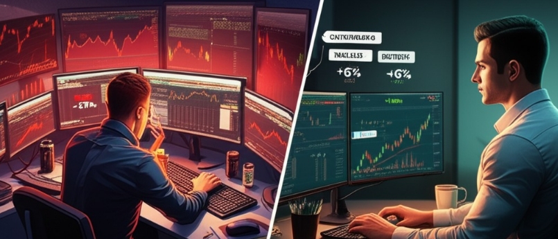 Image Prompt: A realistic, well-lit digital illustration split into two contrasting panels. On the left, depict a cluttered, chaotic trading desk with multiple monitors flashing red charts, a stressed trader rapidly clicking through trades, scattered notes, and energy drinks—symbolizing overtrading. Include a glaring “Loss -15%” on one screen. On the right, show a calm, focused trader with a minimal, organized setup: one or two charts, a checklist, a notepad, and a highlighted single high-probability trade. Display a “+6% Gain” on screen. The left side conveys overwhelm and urgency, while the right exudes discipline and strategy. Include subtle overlays of performance metrics comparing “Overtrading” (low win rate, high drawdown) vs. “Healthy Trading” (moderate frequency, strong returns). The overall mood should illustrate the contrast between reckless trading and patient, quality-driven strategy. Keep lighting consistent and realistic, with emphasis on clarity and focus. Image Prompt: A realistic, well-lit digital illustration split into two contrasting panels. On the left, depict a cluttered, chaotic trading desk with multiple monitors flashing red charts, a stressed trader rapidly clicking through trades, scattered notes, and energy drinks—symbolizing overtrading. Include a glaring “Loss -15%” on one screen. On the right, show a calm, focused trader with a minimal, organized setup: one or two charts, a checklist, a notepad, and a highlighted single high-probability trade. Display a “+6% Gain” on screen. The left side conveys overwhelm and urgency, while the right exudes discipline and strategy. Include subtle overlays of performance metrics comparing “Overtrading” (low win rate, high drawdown) vs. “Healthy Trading” (moderate frequency, strong returns). The overall mood should illustrate the contrast between reckless trading and patient, quality-driven strategy. Keep lighting consistent and realistic, with emphasis on clarity and focus.