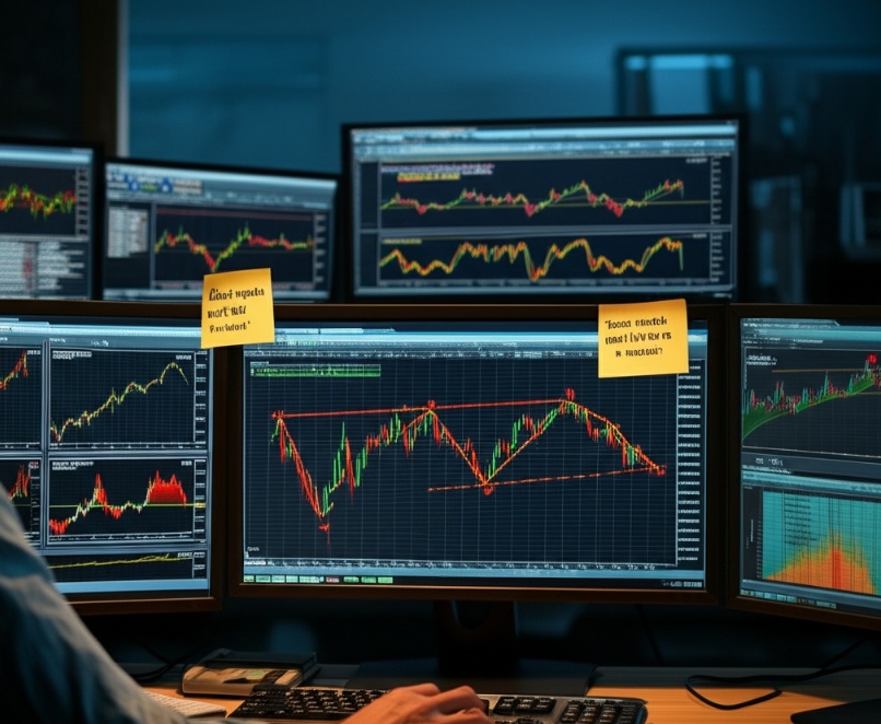 Image Prompt: A visually striking, realistic editorial-style image illustrating the contrast between technical chart analysis and broader macroeconomic forces in the stock market. The scene shows a trader at a desk with multiple monitors—some screens displaying classic technical indicators like RSI, MACD, Bollinger Bands, and chart patterns (e.g., head-and-shoulders, wedges), while others show macroeconomic data like GDP curves, interest rate trends, and news headlines (e.g., “Fed Raises Rates,” “Earnings Miss,” “Geopolitical Tensions Escalate”). Post-it notes and printed reports on valuation models and earnings data are scattered on the desk. A central monitor flashes a news alert disrupting a chart pattern mid-formation. Lighting is focused and moody, evoking tension and awareness. Include subtle touches like a quote taped to the monitor: “Chart signals don’t fire in a vacuum.” The mood should feel analytical and dynamic—conveying the idea that while charts are useful, real market moves start beyond the screen. Image Prompt: A visually striking, realistic editorial-style image illustrating the contrast between technical chart analysis and broader macroeconomic forces in the stock market. The scene shows a trader at a desk with multiple monitors—some screens displaying classic technical indicators like RSI, MACD, Bollinger Bands, and chart patterns (e.g., head-and-shoulders, wedges), while others show macroeconomic data like GDP curves, interest rate trends, and news headlines (e.g., “Fed Raises Rates,” “Earnings Miss,” “Geopolitical Tensions Escalate”). Post-it notes and printed reports on valuation models and earnings data are scattered on the desk. A central monitor flashes a news alert disrupting a chart pattern mid-formation. Lighting is focused and moody, evoking tension and awareness. Include subtle touches like a quote taped to the monitor: “Chart signals don’t fire in a vacuum.” The mood should feel analytical and dynamic—conveying the idea that while charts are useful, real market moves start beyond the screen.